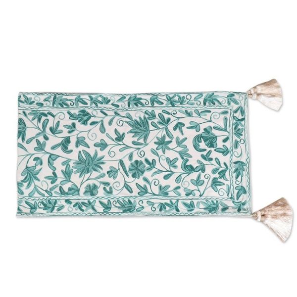 Alternate image for Hand Woven Leaf and Vine Patterned Cotton Table Runner Kashmir Leaves in Green