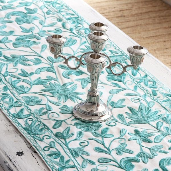 Alternate image for Hand Woven Leaf and Vine Patterned Cotton Table Runner Kashmir Leaves in Green
