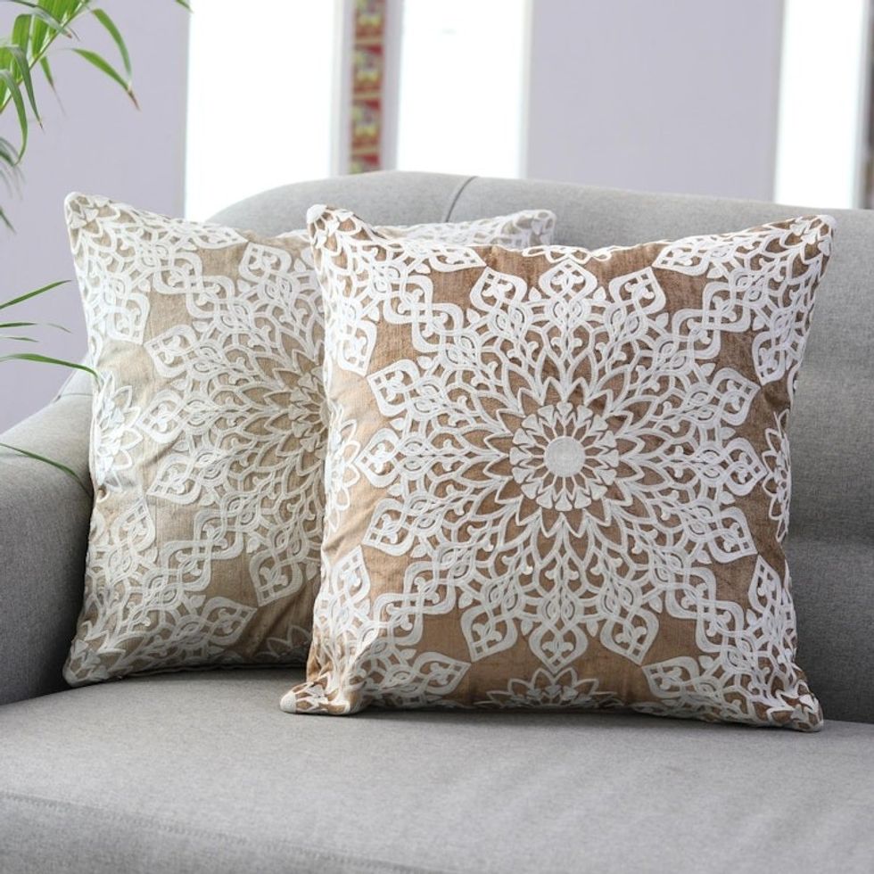 Hand Embroidered Polyester Velvet Cushion Covers Pair 'Floral Greetings'