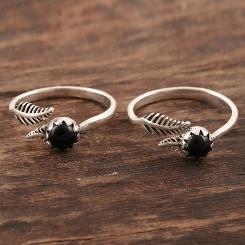 Black Onyx and Sterling Silver Toes Rings Pair 'Midnight Feathers'