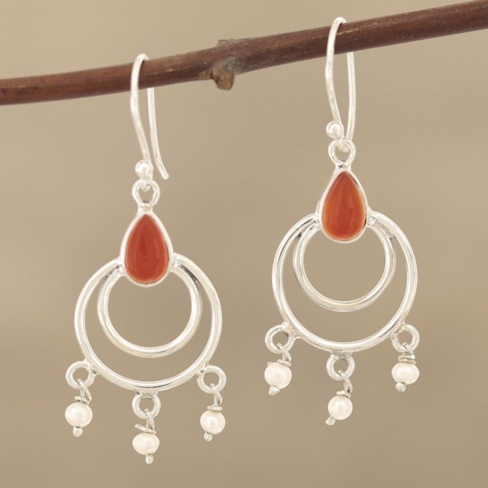 Sterling Silver, Carnelian and Cultured Pearl Dangle Earring 'Firelight's Glow'
