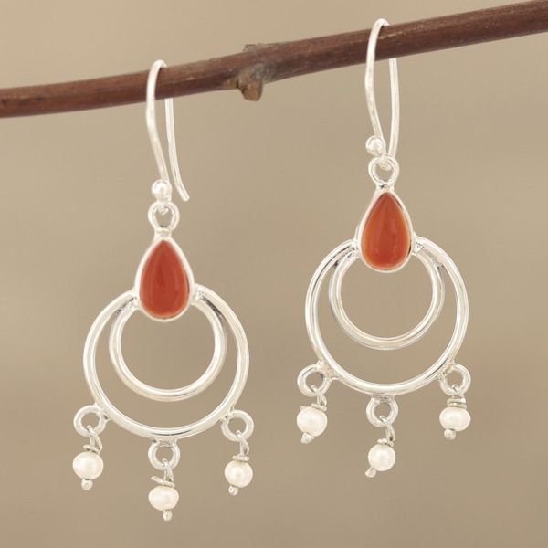 Alternate image for Sterling Silver, Carnelian and Cultured Pearl Dangle Earring Firelights Glow