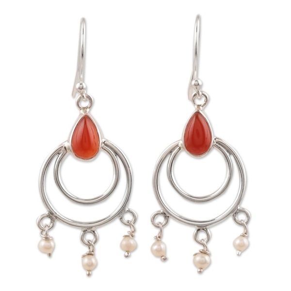 Alternate image for Sterling Silver, Carnelian and Cultured Pearl Dangle Earring Firelights Glow