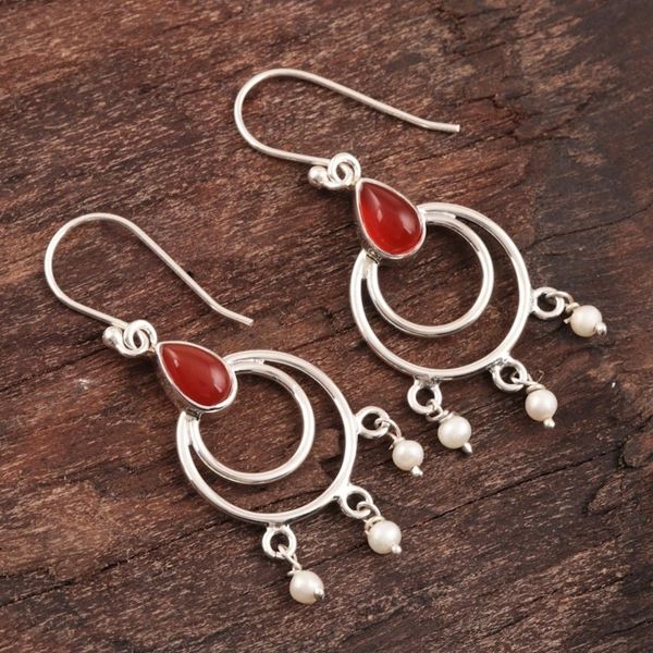 Alternate image for Sterling Silver, Carnelian and Cultured Pearl Dangle Earring Firelights Glow