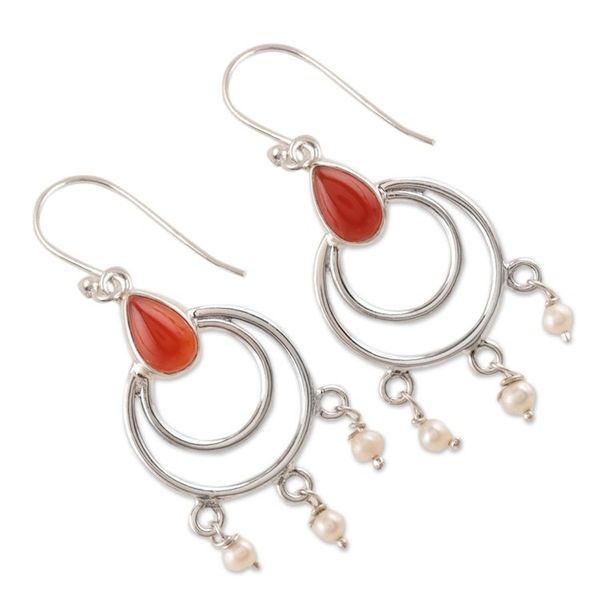 Alternate image for Sterling Silver, Carnelian and Cultured Pearl Dangle Earring Firelights Glow
