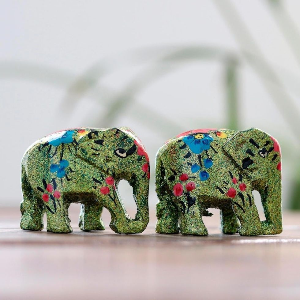 Hand-Painted Papier Mache Elephant Figurines Pair 'Festive Green'