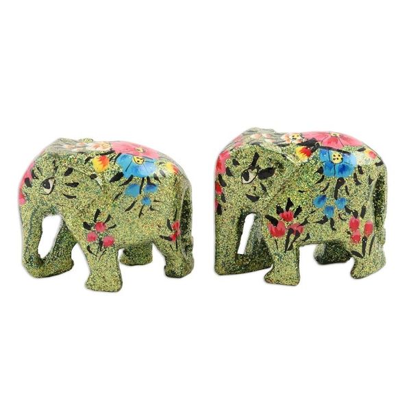 Alternate image for Hand-Painted Papier Mache Elephant Figurines Pair Festive Green