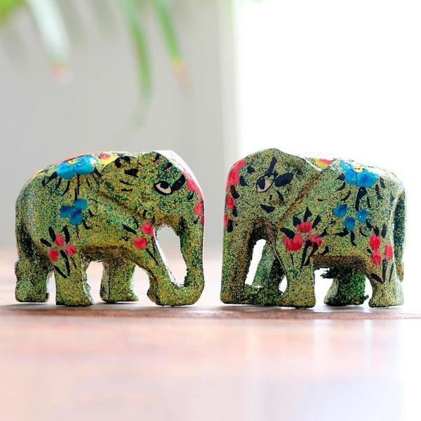 Alternate image for Hand-Painted Papier Mache Elephant Figurines Pair Festive Green