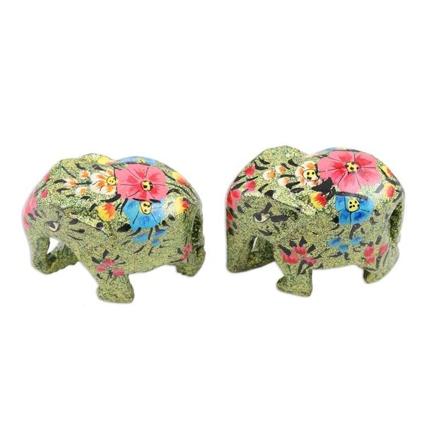 Alternate image for Hand-Painted Papier Mache Elephant Figurines Pair Festive Green
