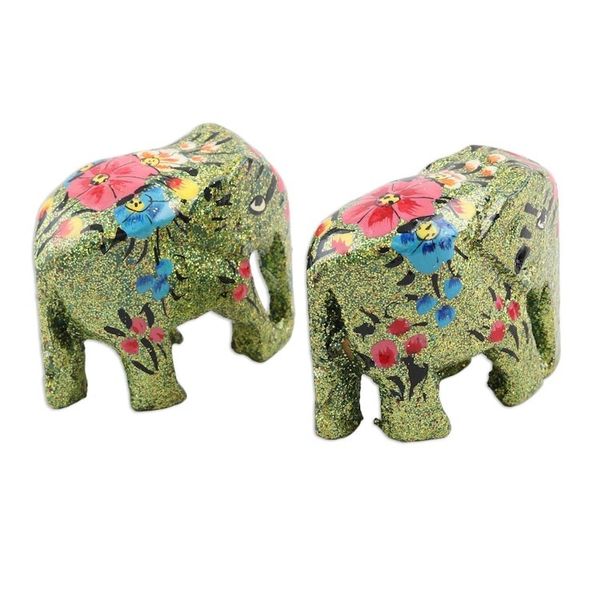 Alternate image for Hand-Painted Papier Mache Elephant Figurines Pair Festive Green