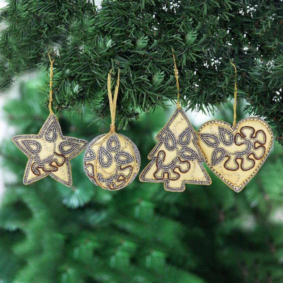 Beaded and Embroidered Christmas Ornaments Set of 4 'Festive Celebrations'