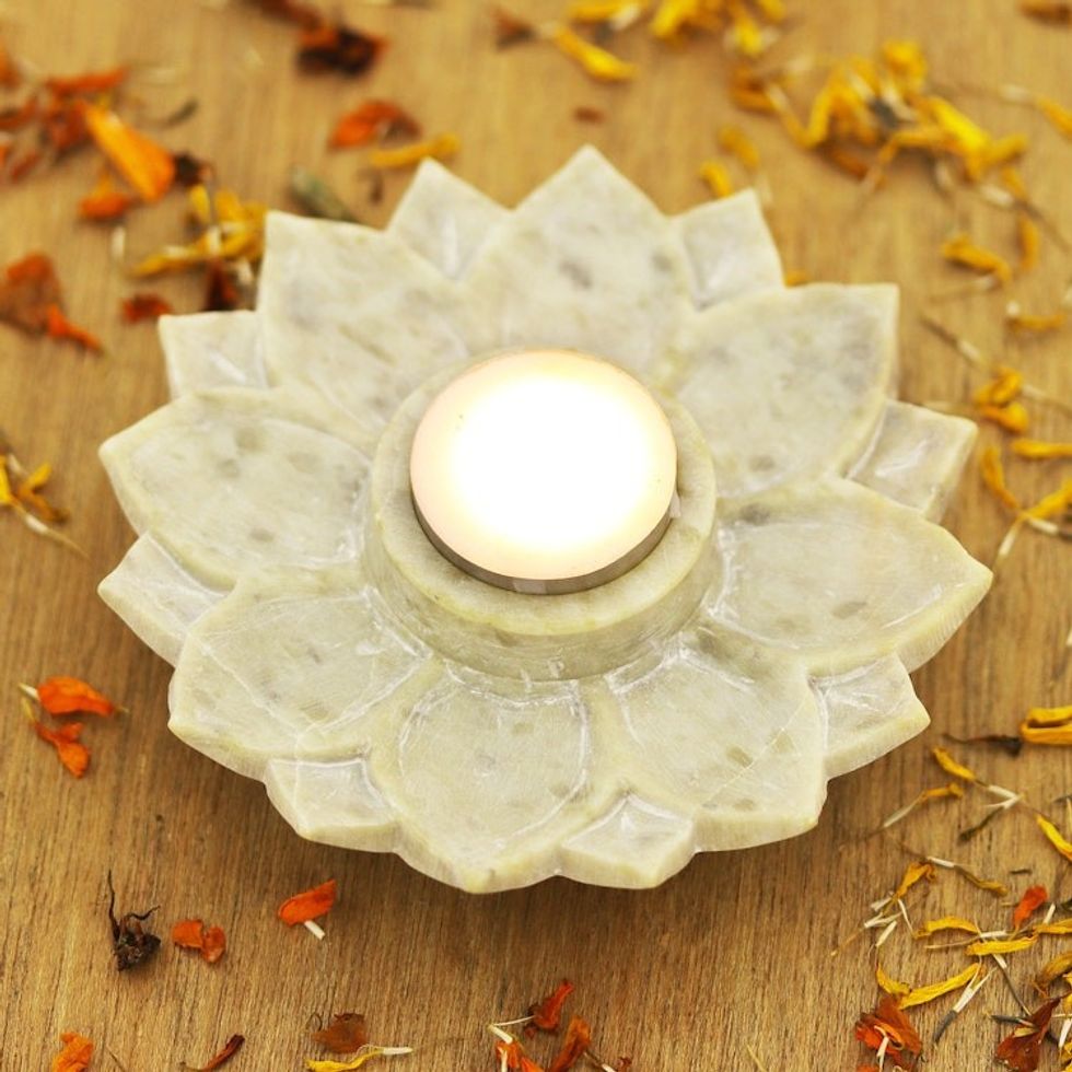 Hand Carved Soapstone Tealight Holder 'Lotus Glory'