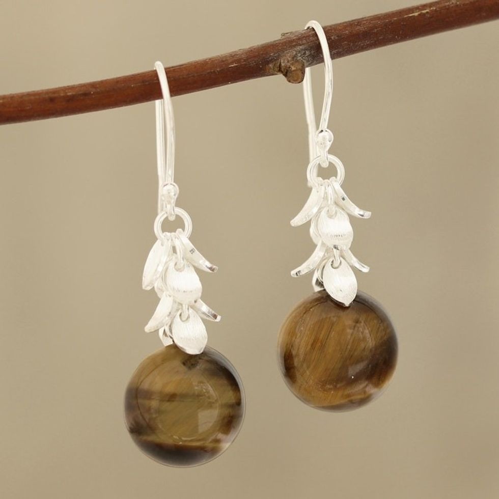 Round Tiger's Eye Dangle Earrings from India 'Dancing Fruit'