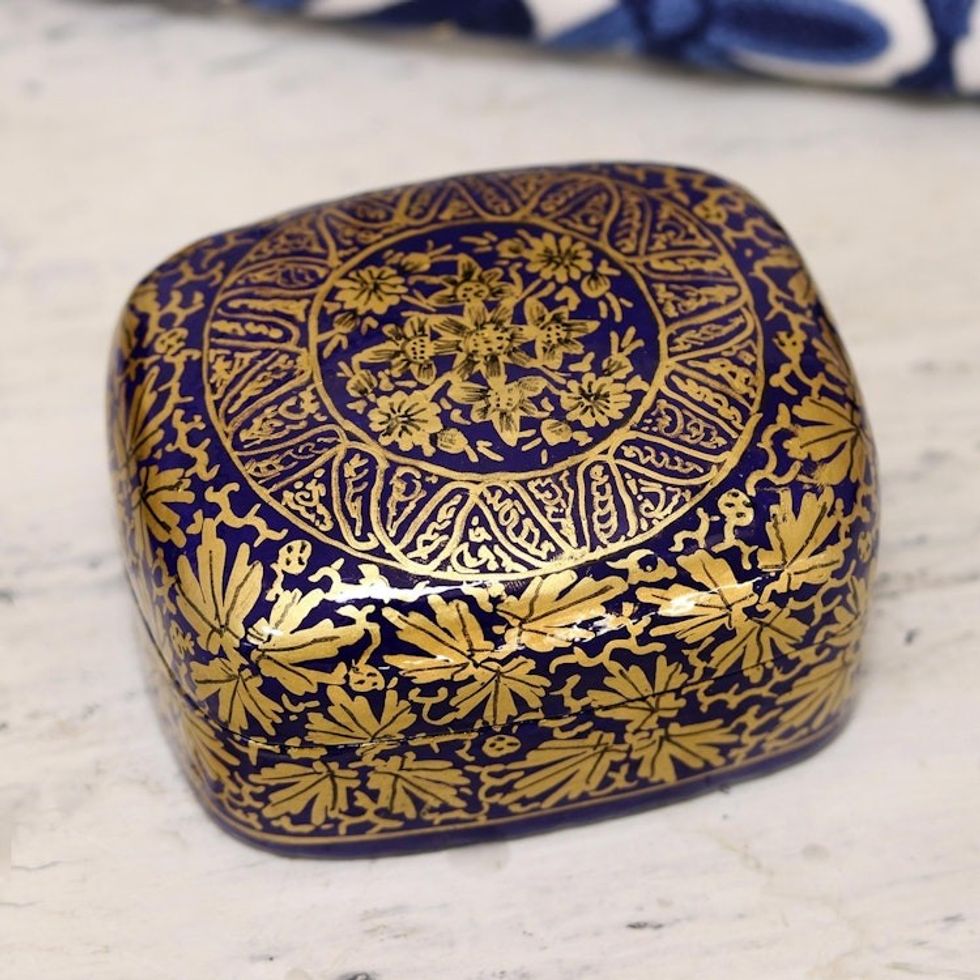 Handmade Blue Papier Mache Golden Floral Decorative Box 'Blue Golden Bouquet'