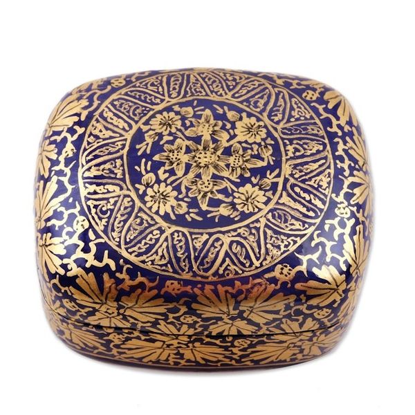Alternate image for Handmade Blue Papier Mache Golden Floral Decorative Box Blue Golden Bouquet
