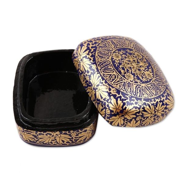Alternate image for Handmade Blue Papier Mache Golden Floral Decorative Box Blue Golden Bouquet