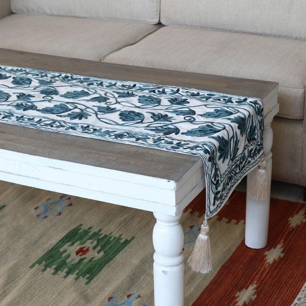 Chain Stitched Cotton Table Runner with Leaf Motif 'Kashmir Leaves in Aqua'