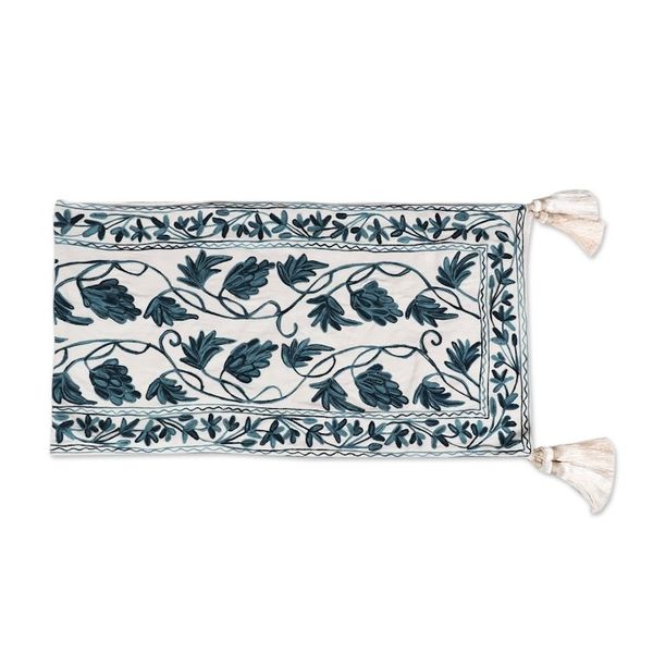 Alternate image for Chain Stitched Cotton Table Runner with Leaf Motif Kashmir Leaves in Aqua