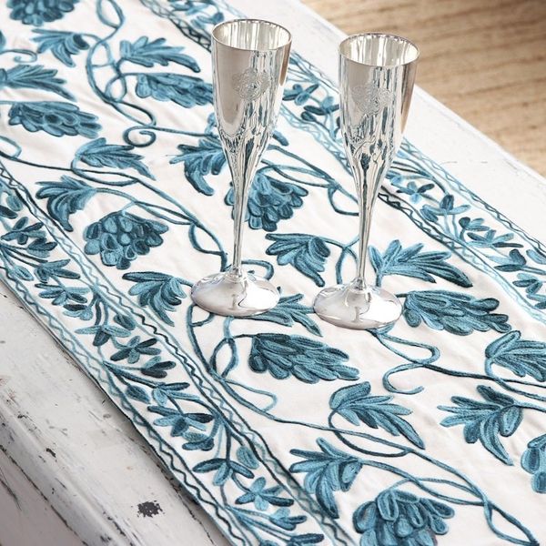 Alternate image for Chain Stitched Cotton Table Runner with Leaf Motif Kashmir Leaves in Aqua