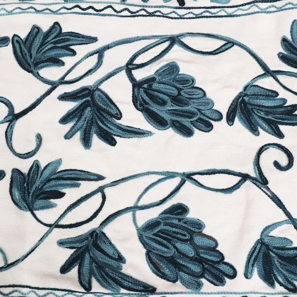 Alternate image for Chain Stitched Cotton Table Runner with Leaf Motif Kashmir Leaves in Aqua