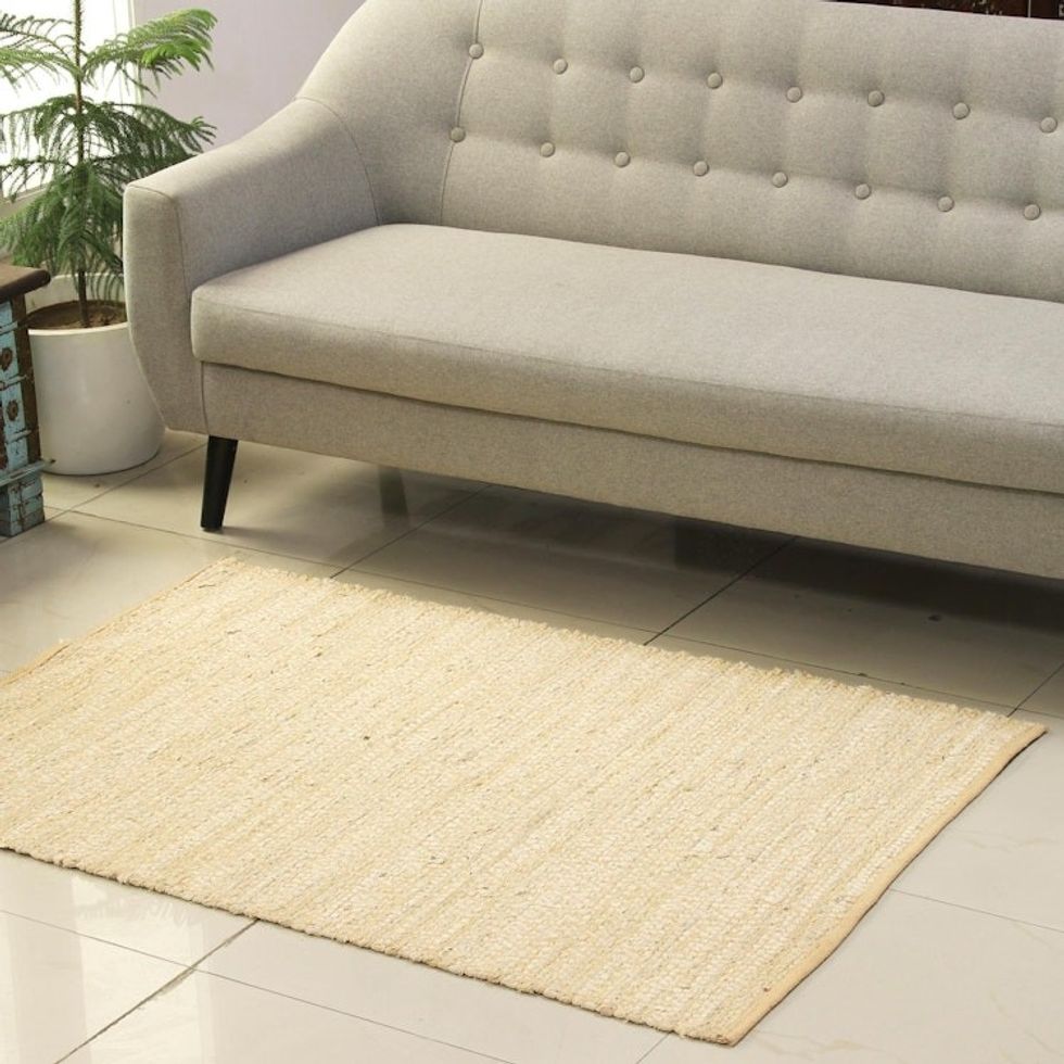 Buff and Ivory Recycled Cotton Area Rug from India 3x4.5 'Diamond Subtlety'
