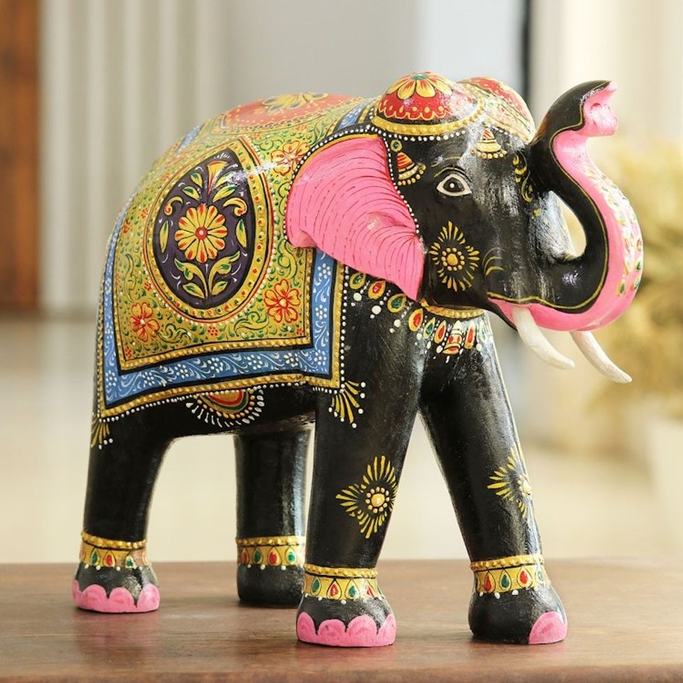 Colorful Handpainted Elephant Sculpture from India 'Splendid Elephant'
