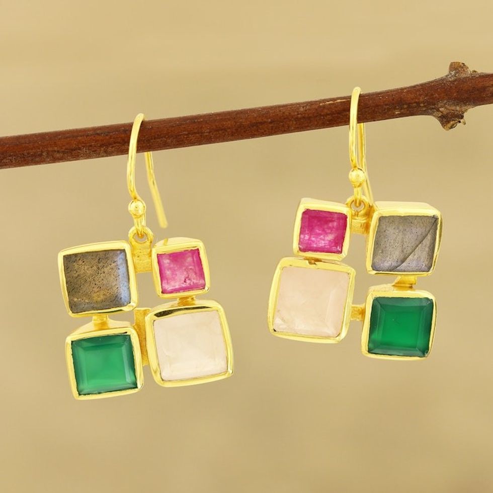 Gold Plated Multi-Gemstone Square Dangle Earrings from India 'Vibrant Frames'