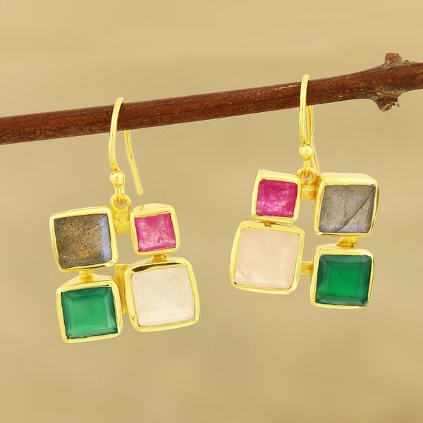 Alternate image for Gold Plated Multi-Gemstone Square Dangle Earrings from India Vibrant Frames