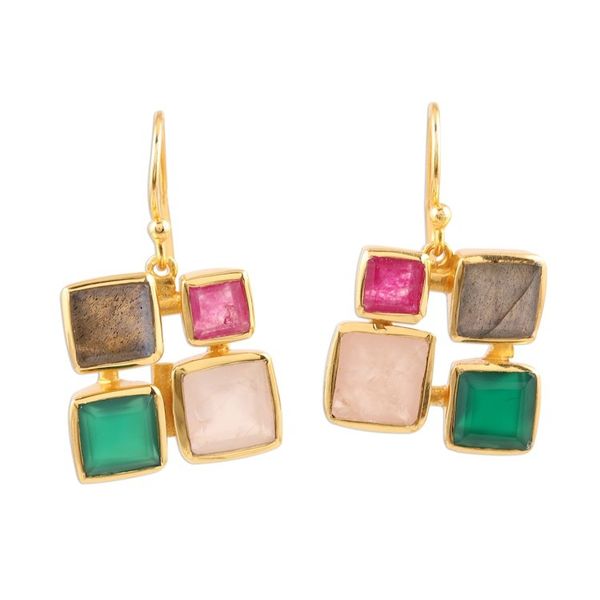Alternate image for Gold Plated Multi-Gemstone Square Dangle Earrings from India Vibrant Frames