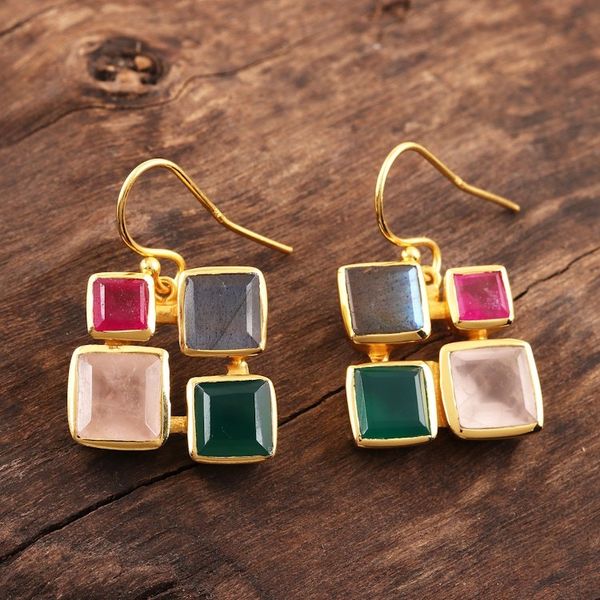 Alternate image for Gold Plated Multi-Gemstone Square Dangle Earrings from India Vibrant Frames