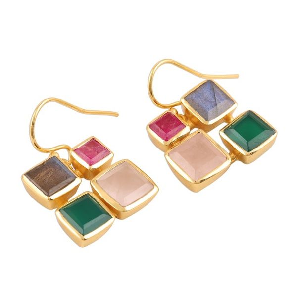 Alternate image for Gold Plated Multi-Gemstone Square Dangle Earrings from India Vibrant Frames