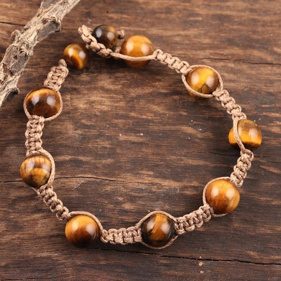 Hand-Knotted Tiger's Eye Macrame Bracelet from India 'Warm Planets'