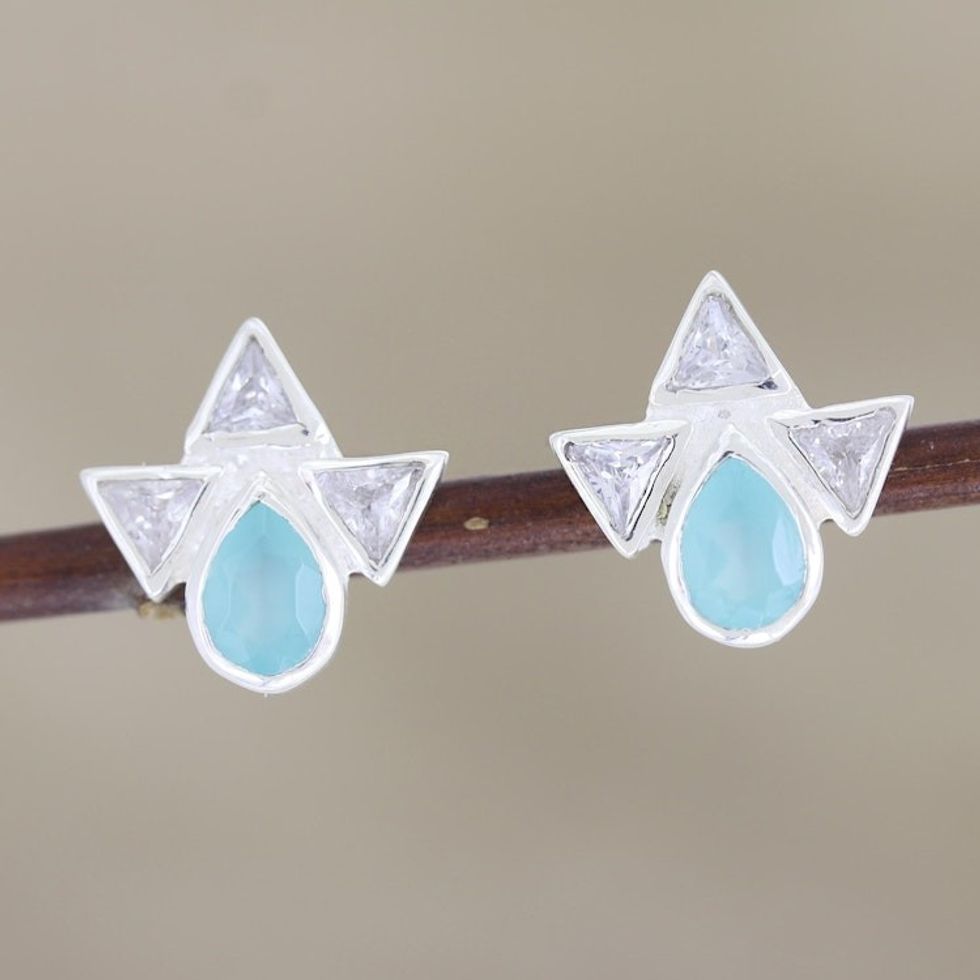 Chalcedony and Cubic Zirconia Button Earrings 'Icy Tears'