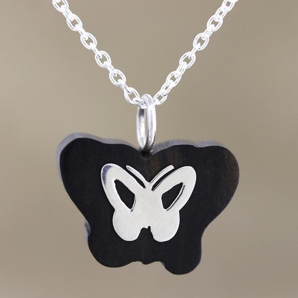 Alternate image for Ebony Wood and Sterling Silver Butterfly Pendant Necklace Silver Gossamer