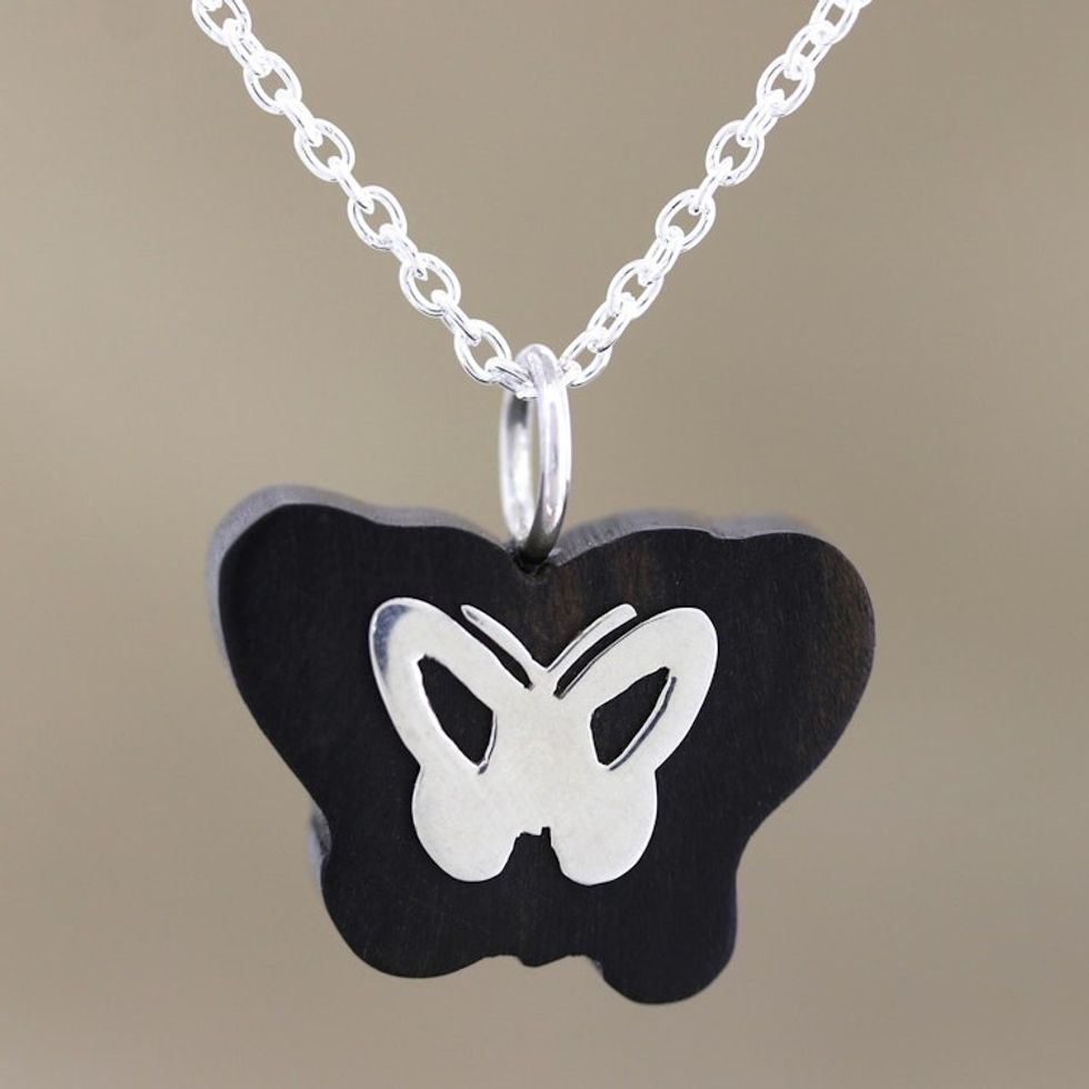 Ebony Wood and Sterling Silver Butterfly Pendant Necklace 'Silver Gossamer'