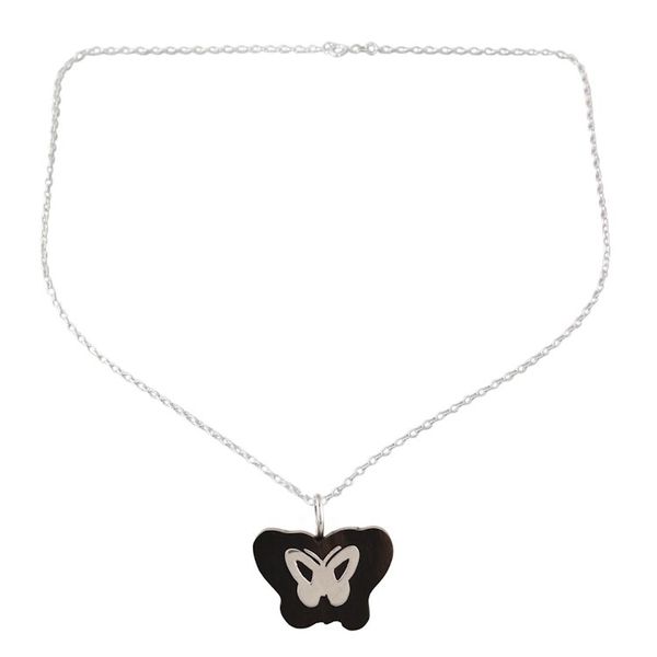 Alternate image for Ebony Wood and Sterling Silver Butterfly Pendant Necklace Silver Gossamer