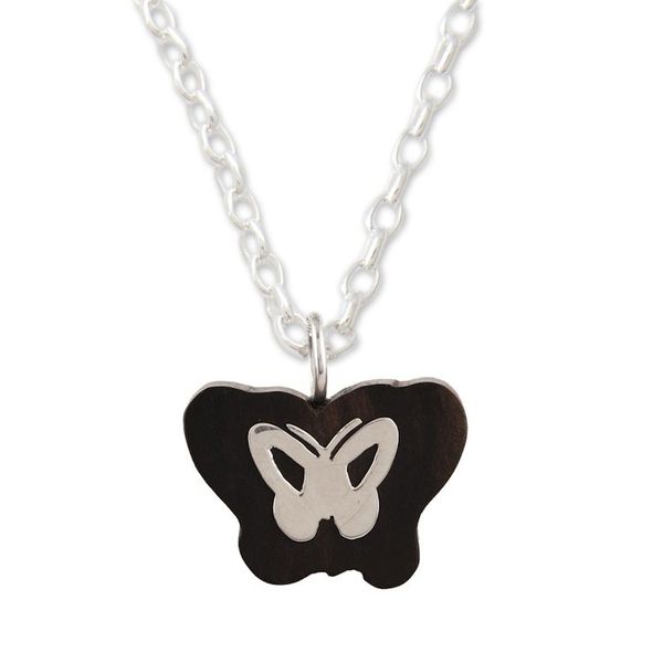 Alternate image for Ebony Wood and Sterling Silver Butterfly Pendant Necklace Silver Gossamer