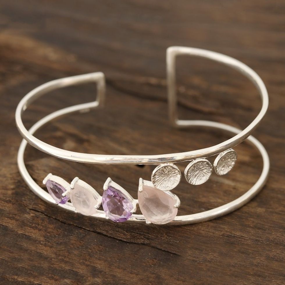 Rose Quartz and Amethyst Cuff Bracelet from India 'Dazzling Teardrops'