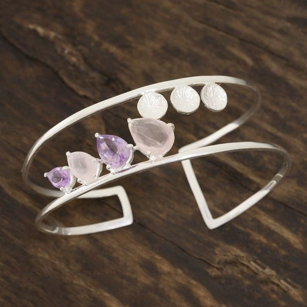 Alternate image for Rose Quartz and Amethyst Cuff Bracelet from India Dazzling Teardrops