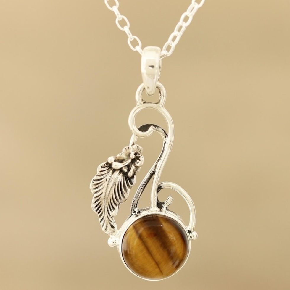Modern Tiger's Eye and Sterling Silver Necklace from India 'Honey Bud'