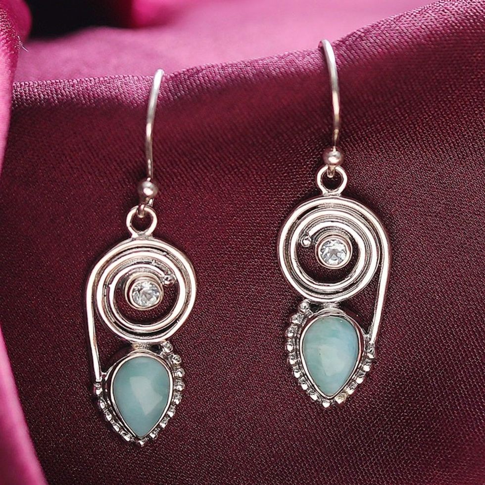 Dangle Earrings with Larimar and Blue Topaz 'Wondrous Coil'