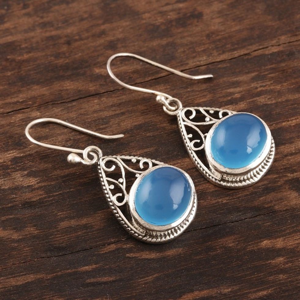 Chalcedony Teardrop Sterling Silver Dangle Earrings 'Glowing Grandeur'
