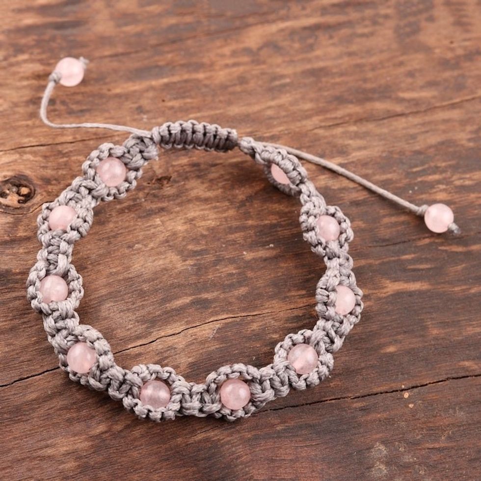 Rose Quartz Macrame Hand-Knotted Bracelet from India 'Macrame Halo'