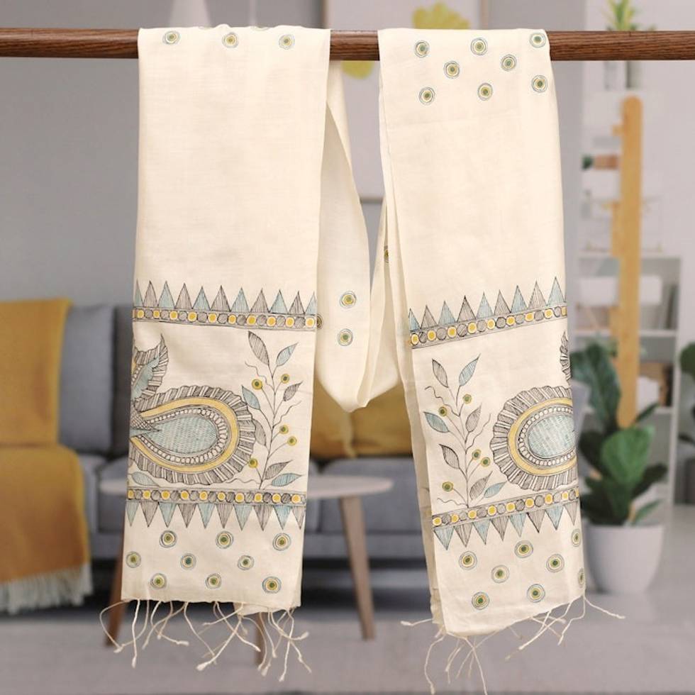 Hand Woven Peacock Fringed Silk Scarf from India 'Peacock Friends'