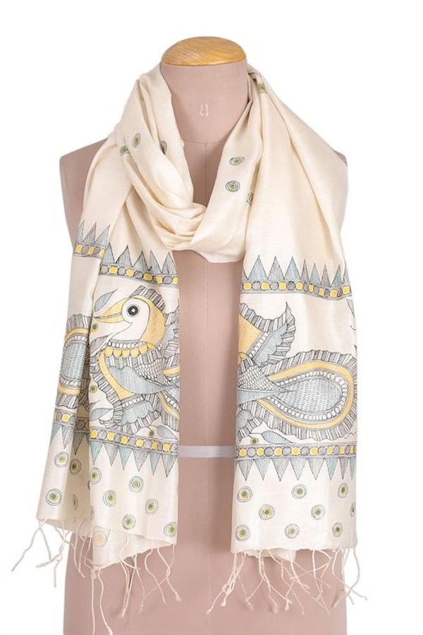 Alternate image for Hand Woven Peacock Fringed Silk Scarf from India Peacock Friends