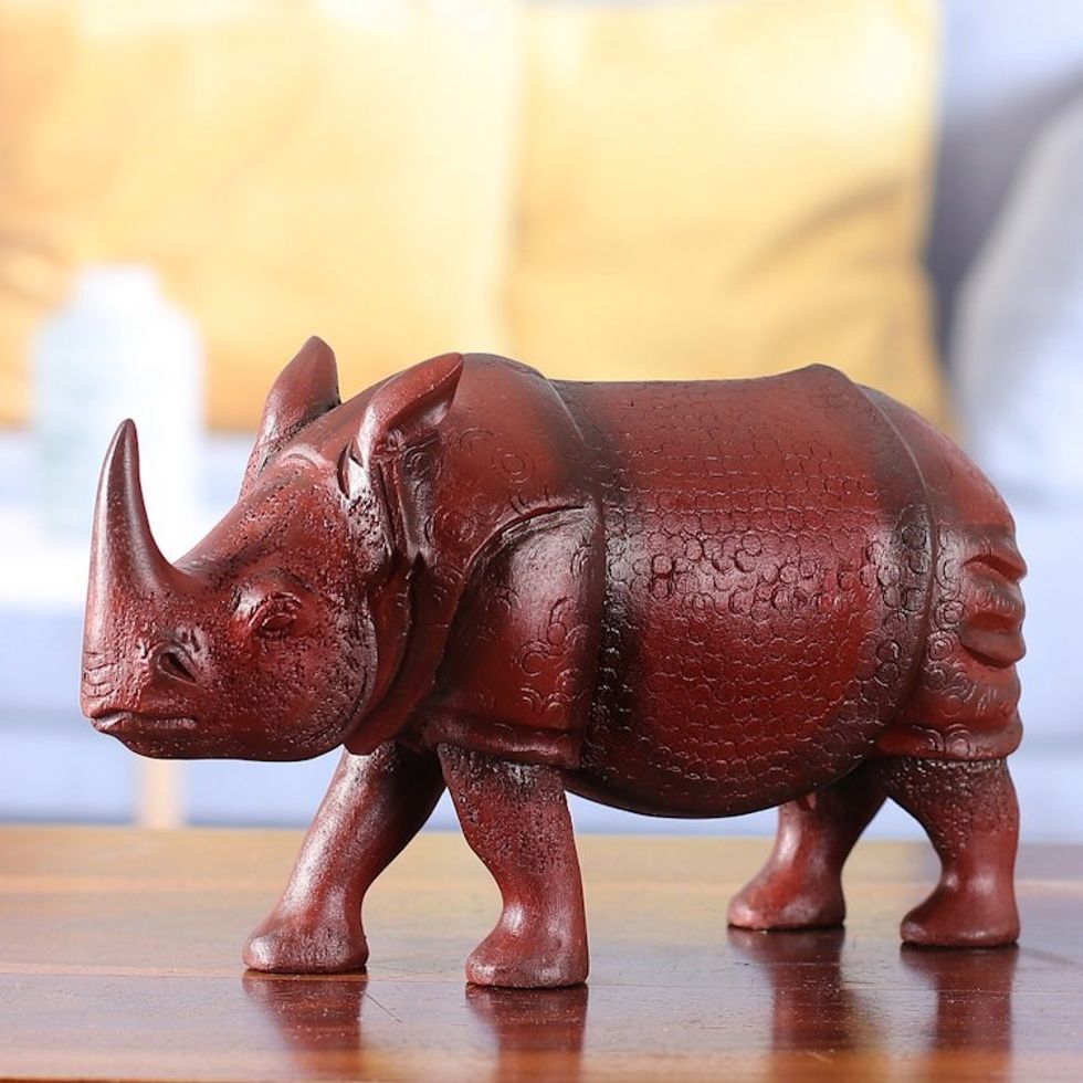 Hand-Carved Neem Wood Rhino Sculpture from India 'Rhino Majesty'