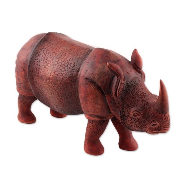 Alternate image for Hand-Carved Neem Wood Rhino Sculpture from India Rhino Majesty