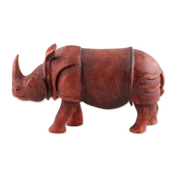 Alternate image for Hand-Carved Neem Wood Rhino Sculpture from India Rhino Majesty