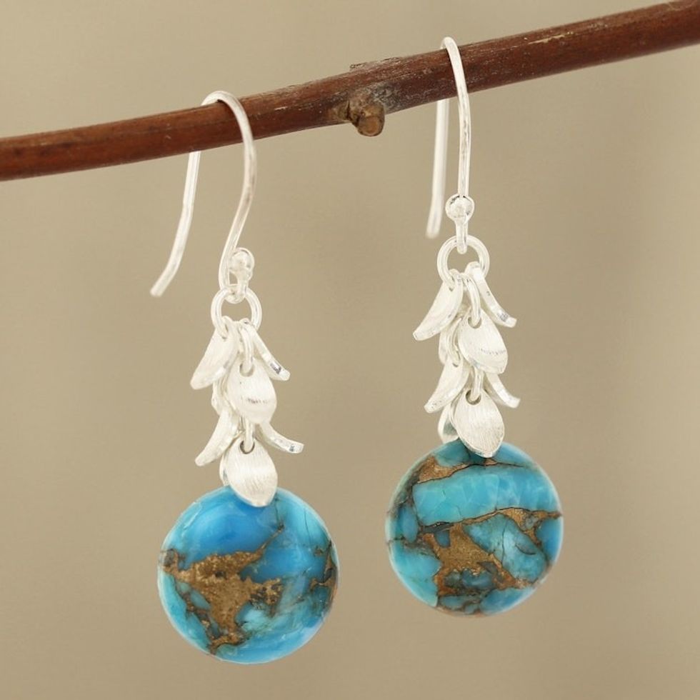 Round Composite Turquoise Dangle Earrings from India 'Dancing Fruit'