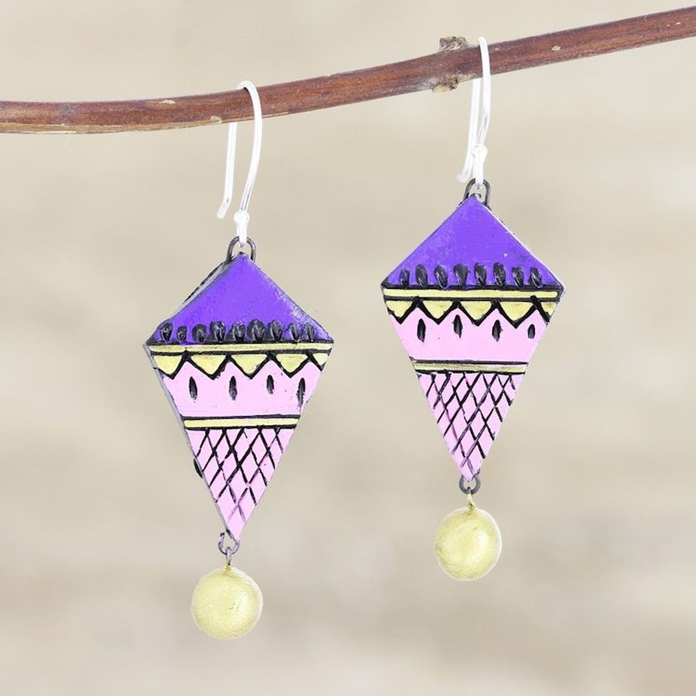 Hand Painted Ceramic Dangle Earrings from India 'Pink Trapeze'